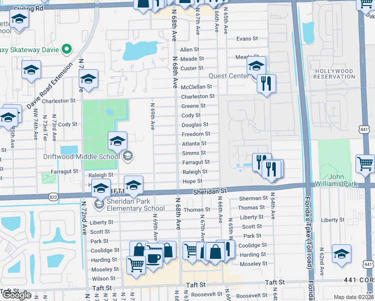 map of restaurants, bars, coffee shops, grocery stores, and more near 6711 Atlanta Street in Hollywood