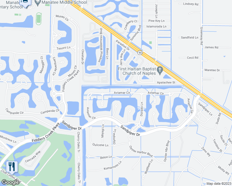 map of restaurants, bars, coffee shops, grocery stores, and more near 3149 Aviamar Circle in Naples