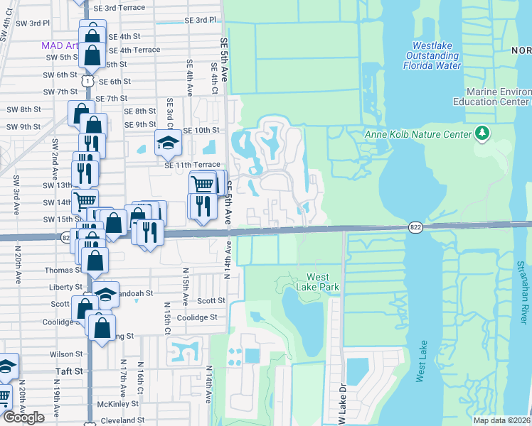 map of restaurants, bars, coffee shops, grocery stores, and more near 619 East Sheridan Street in Dania Beach
