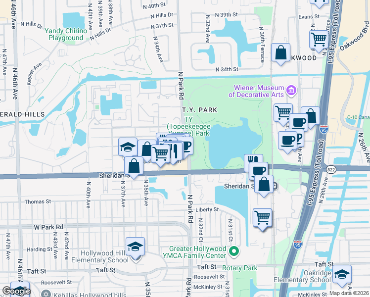 map of restaurants, bars, coffee shops, grocery stores, and more near 3301 Farragut Street in Hollywood
