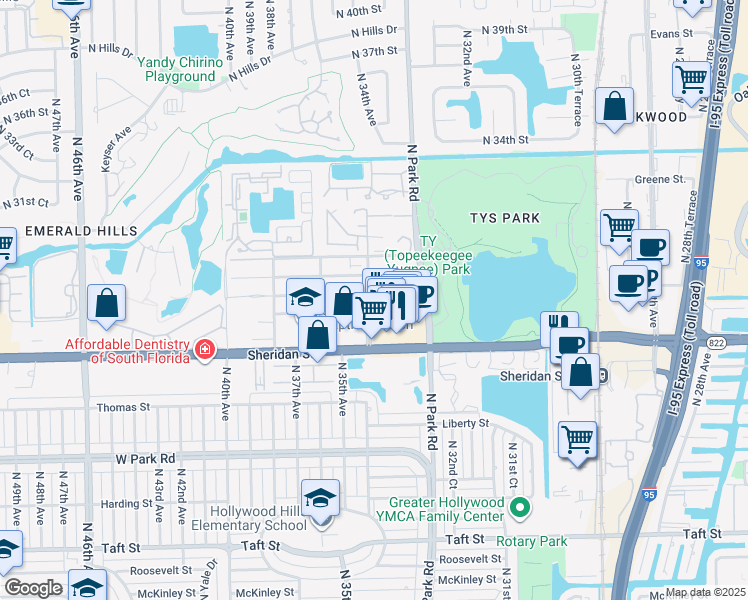 map of restaurants, bars, coffee shops, grocery stores, and more near 3340 Simms Street in Hollywood