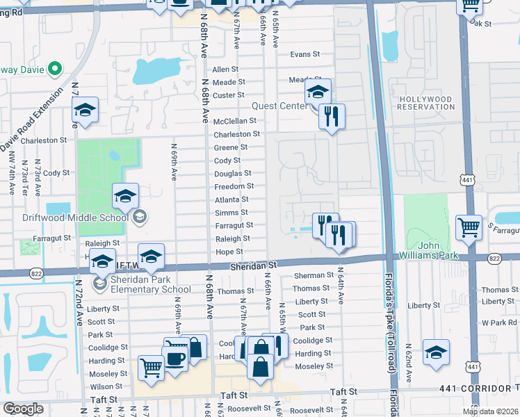 map of restaurants, bars, coffee shops, grocery stores, and more near 6611 Atlanta Street in Hollywood