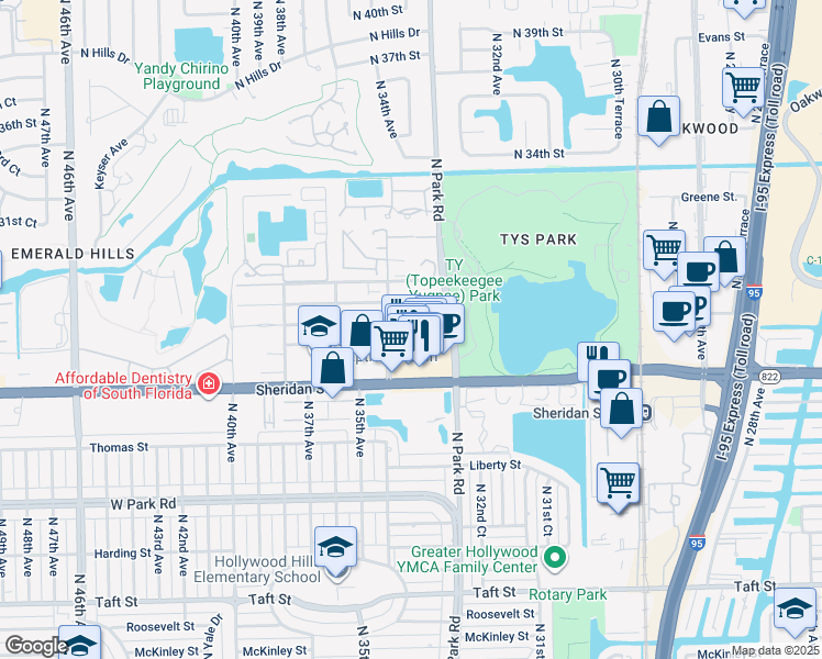 map of restaurants, bars, coffee shops, grocery stores, and more near 3307 Farragut Street in Hollywood