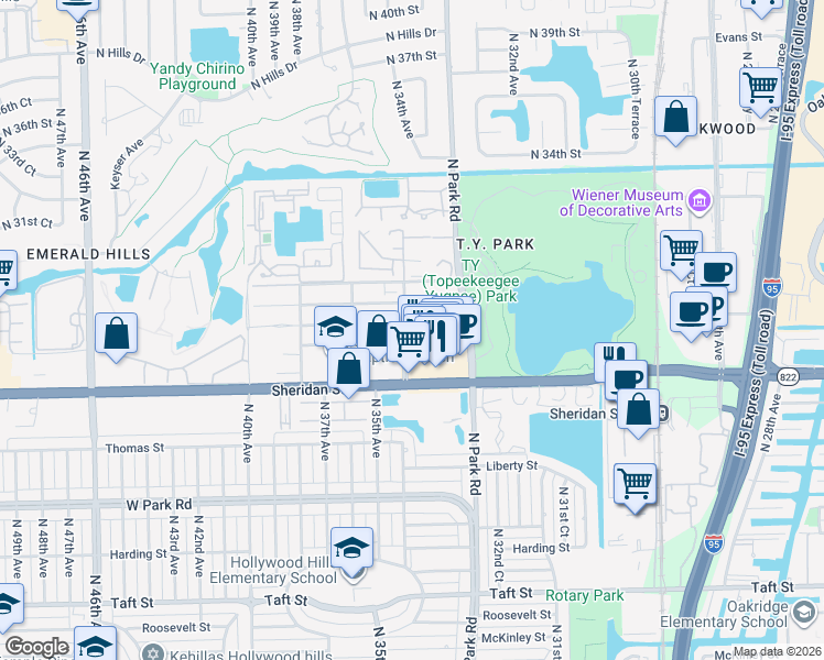 map of restaurants, bars, coffee shops, grocery stores, and more near 3340 Simms Street in Hollywood