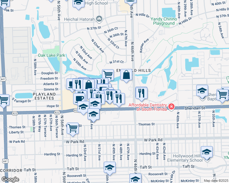 map of restaurants, bars, coffee shops, grocery stores, and more near 7 Foxfire Road in Hollywood
