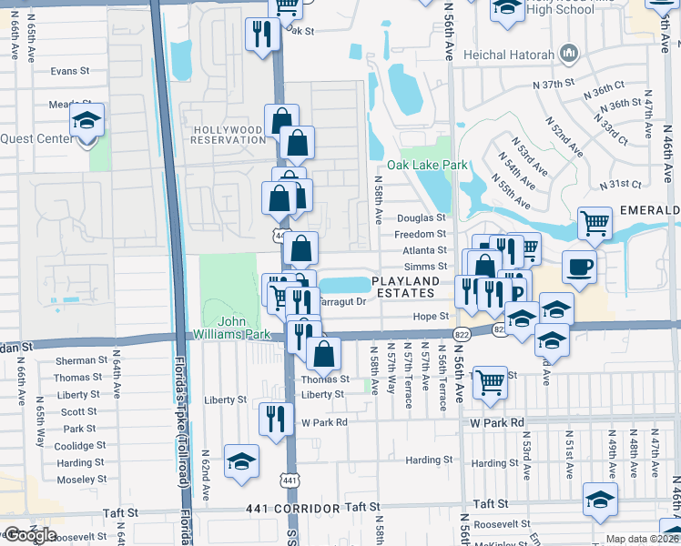 map of restaurants, bars, coffee shops, grocery stores, and more near 5914 Atlanta Street in Hollywood