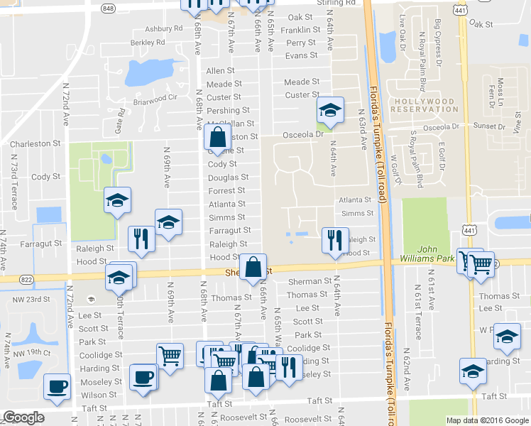 map of restaurants, bars, coffee shops, grocery stores, and more near 6611 Atlanta Street in Hollywood