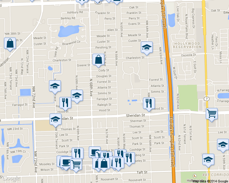 map of restaurants, bars, coffee shops, grocery stores, and more near 6611 Atlanta Street in Hollywood