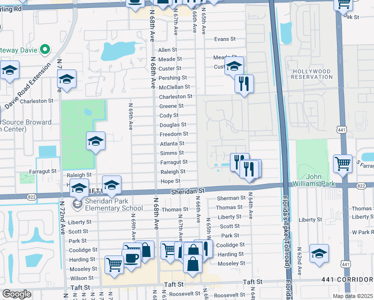 map of restaurants, bars, coffee shops, grocery stores, and more near 6611 Atlanta Street in Hollywood