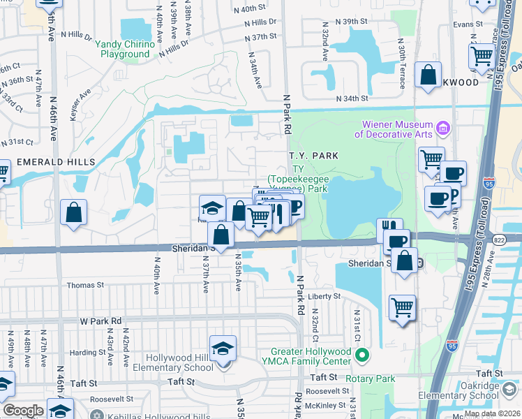 map of restaurants, bars, coffee shops, grocery stores, and more near 2701 North 34th Avenue in Hollywood
