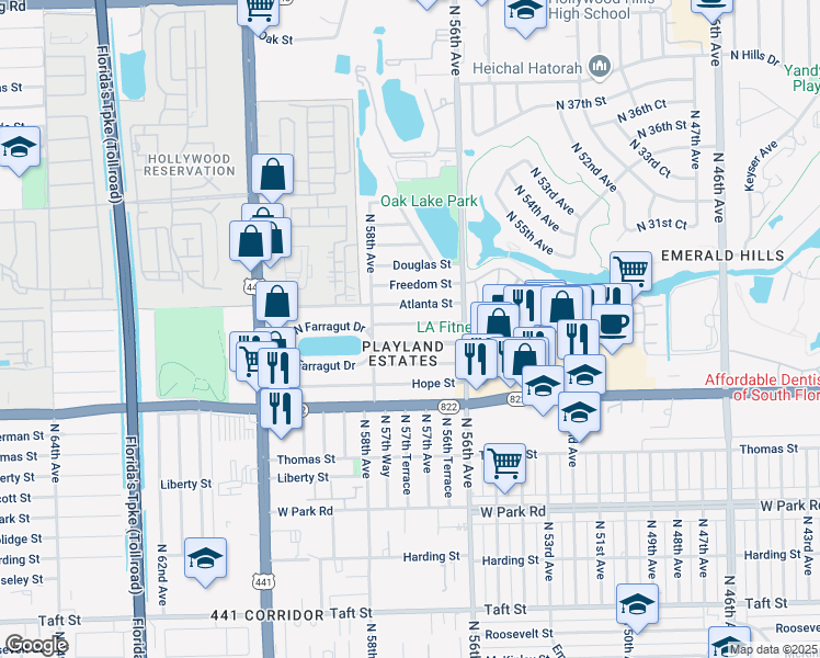 map of restaurants, bars, coffee shops, grocery stores, and more near 5636 Atlanta Street in Hollywood