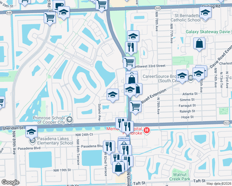 map of restaurants, bars, coffee shops, grocery stores, and more near 2970 Solano Avenue in Hollywood