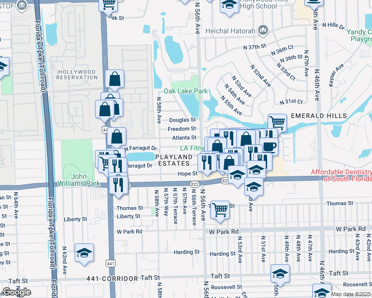 map of restaurants, bars, coffee shops, grocery stores, and more near 5636 Atlanta Street in Hollywood