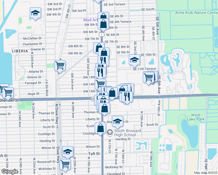 map of restaurants, bars, coffee shops, grocery stores, and more near 36 Southeast 13th Terrace in Dania Beach