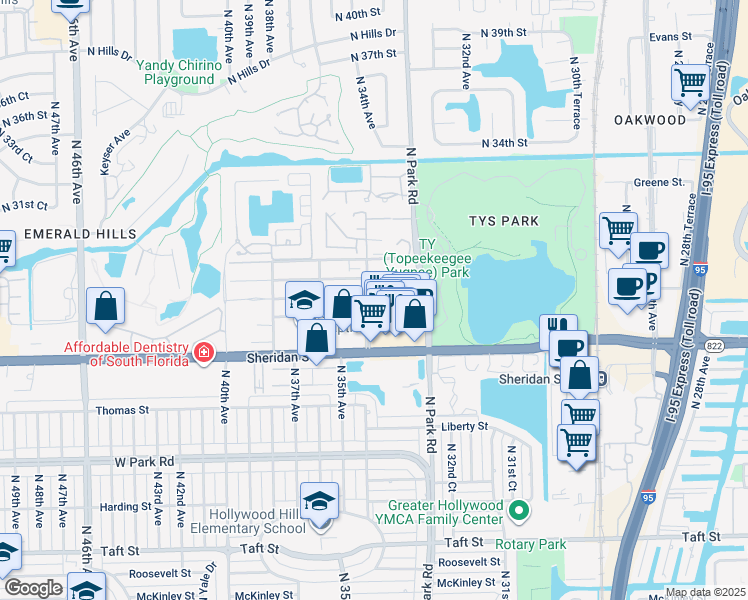 map of restaurants, bars, coffee shops, grocery stores, and more near 3340 Simms Street in Hollywood