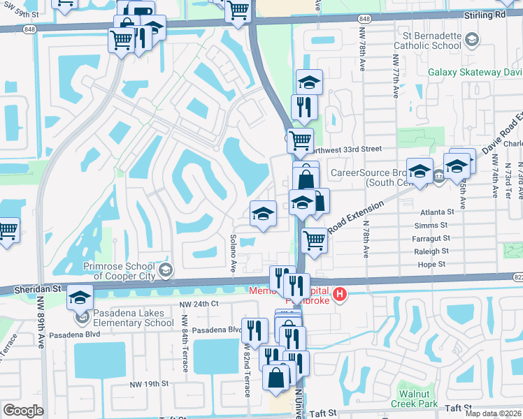 map of restaurants, bars, coffee shops, grocery stores, and more near 2931 Tortola Way in Hollywood