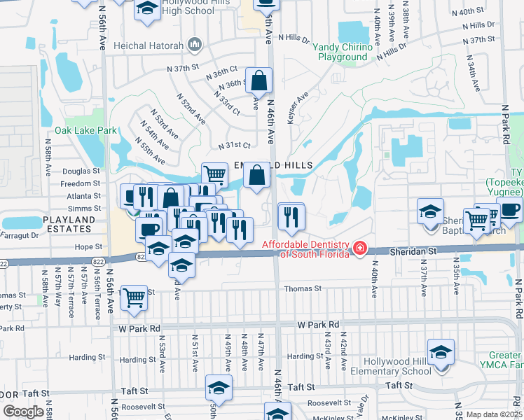 map of restaurants, bars, coffee shops, grocery stores, and more near 2800 North 46th Avenue in Hollywood