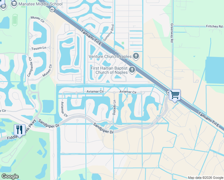 map of restaurants, bars, coffee shops, grocery stores, and more near 2898 Aviamar Circle in Naples