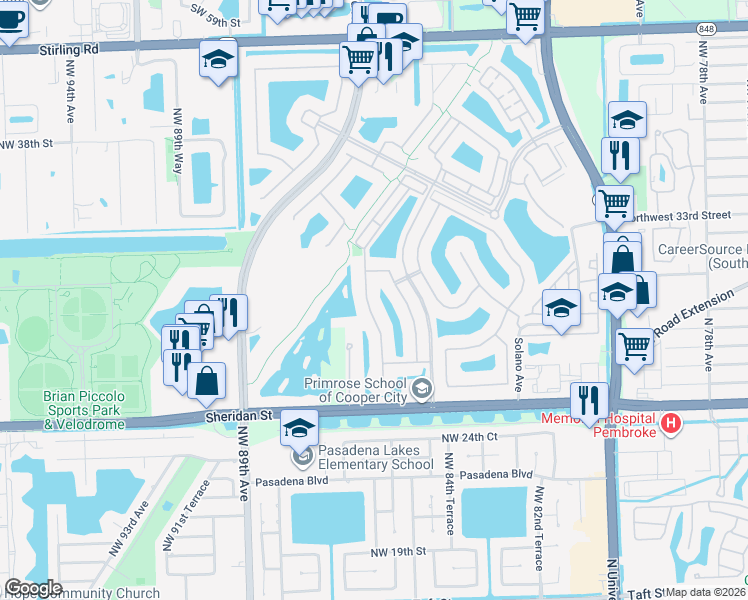map of restaurants, bars, coffee shops, grocery stores, and more near 3217 Northwest 84th Way in Pembroke Pines