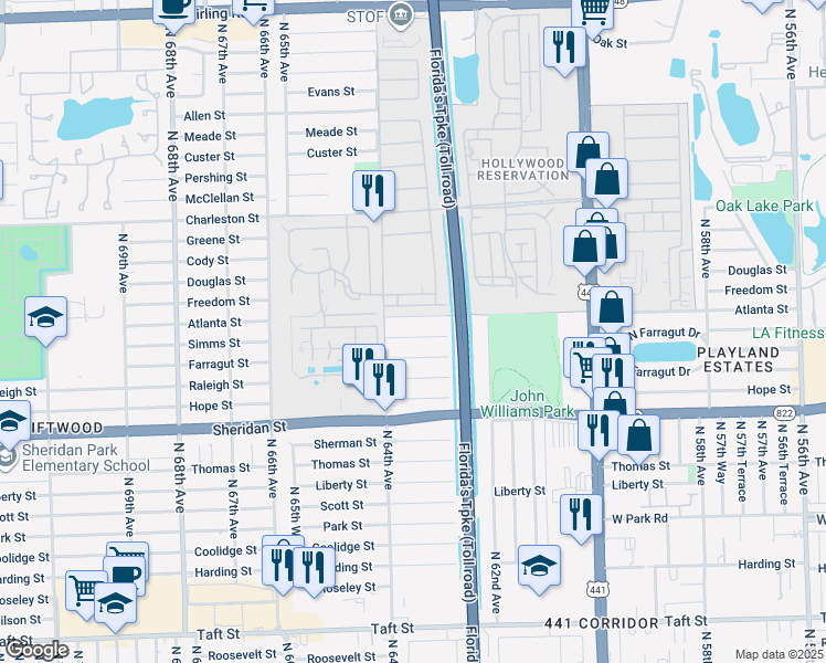 map of restaurants, bars, coffee shops, grocery stores, and more near 6340 Atlanta Street in Hollywood