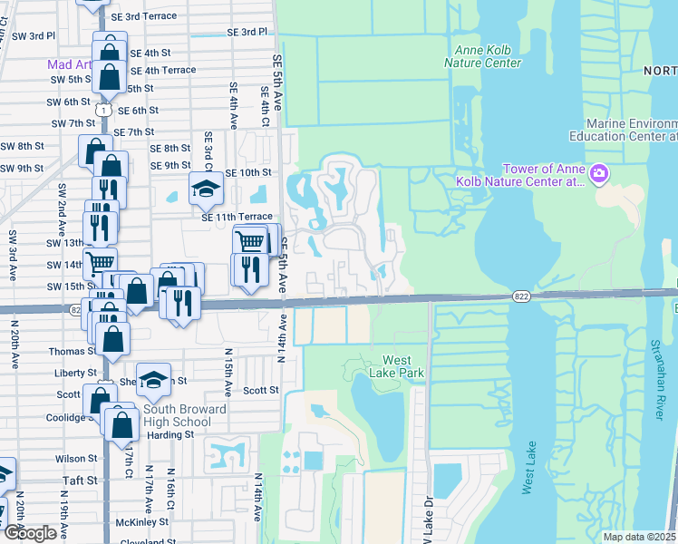 map of restaurants, bars, coffee shops, grocery stores, and more near 619 East Sheridan Street in Dania Beach