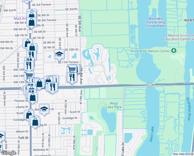 map of restaurants, bars, coffee shops, grocery stores, and more near 619 East Sheridan Street in Dania Beach