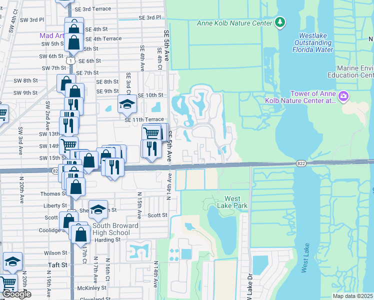 map of restaurants, bars, coffee shops, grocery stores, and more near 619 East Sheridan Street in Dania Beach