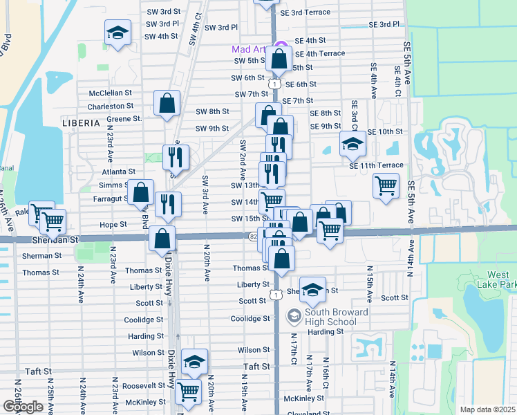 map of restaurants, bars, coffee shops, grocery stores, and more near 54 Southwest 14th Street in Dania Beach