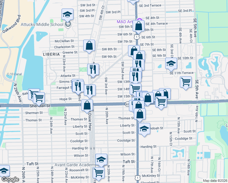 map of restaurants, bars, coffee shops, grocery stores, and more near 236 Southwest 14th Street in Dania Beach