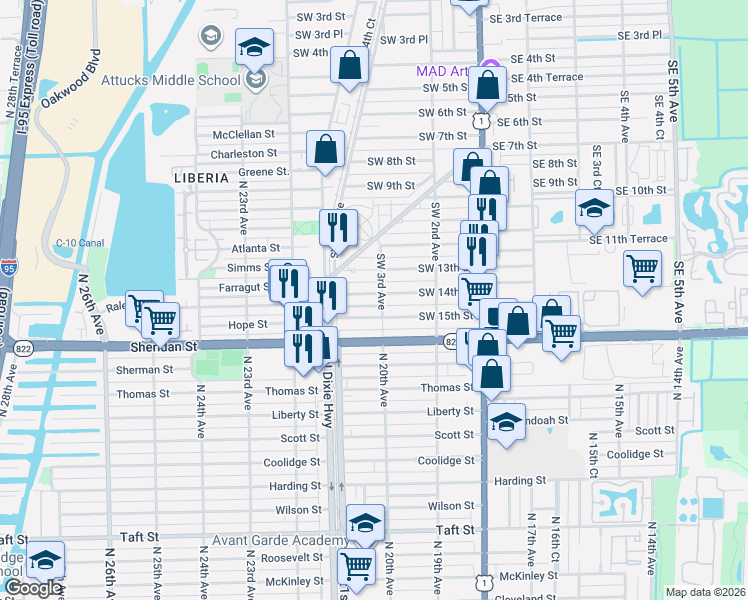 map of restaurants, bars, coffee shops, grocery stores, and more near 1380 Southwest 3rd Avenue in Dania Beach