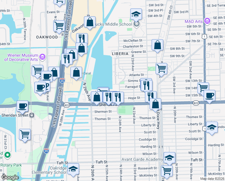 map of restaurants, bars, coffee shops, grocery stores, and more near 2435 Raleigh Street in Hollywood