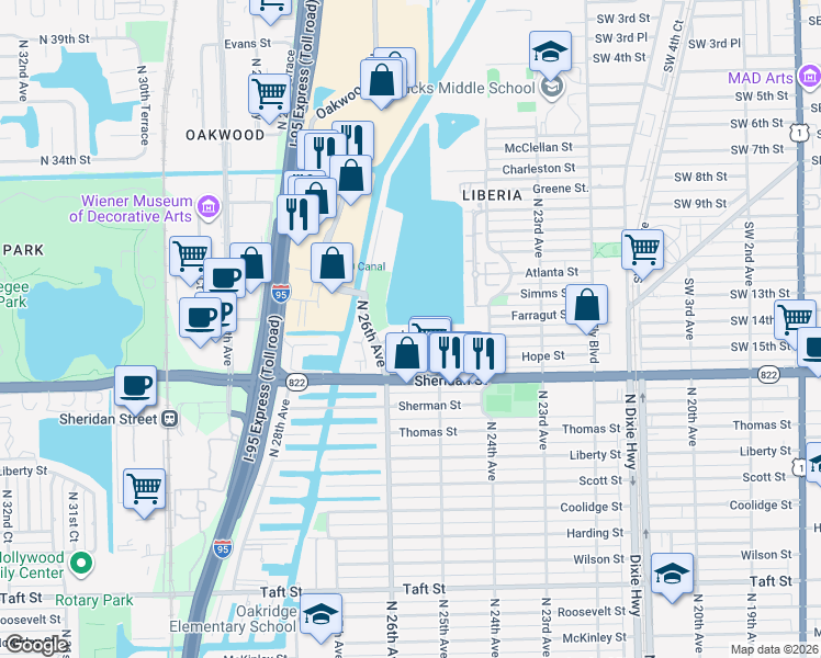 map of restaurants, bars, coffee shops, grocery stores, and more near 2517 Raleigh Street in Hollywood