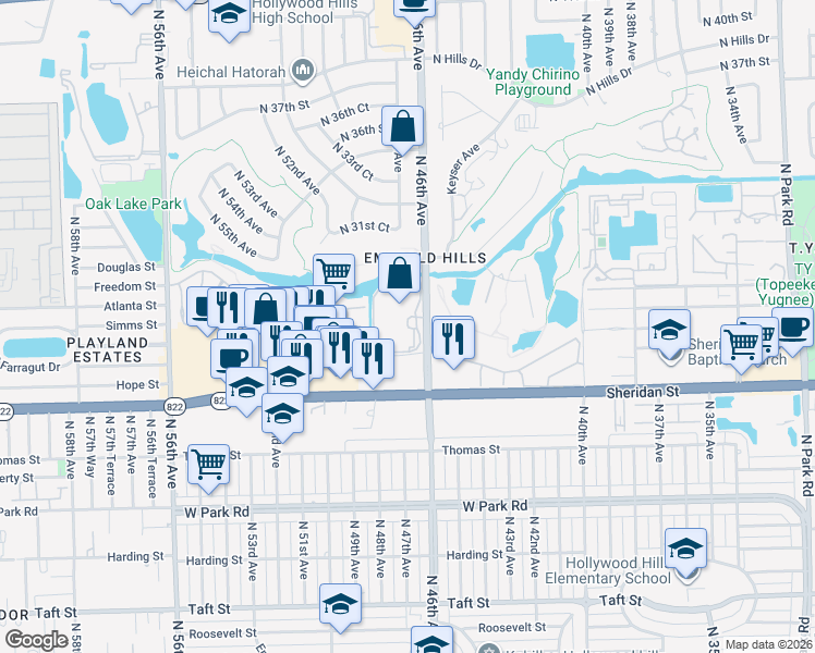 map of restaurants, bars, coffee shops, grocery stores, and more near 2800 North 46th Avenue in Hollywood