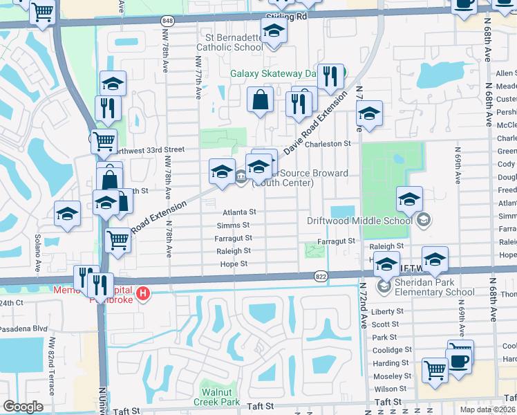 map of restaurants, bars, coffee shops, grocery stores, and more near 7531 Atlanta Street in Hollywood