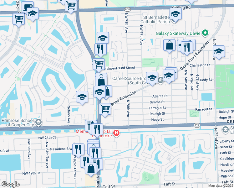 map of restaurants, bars, coffee shops, grocery stores, and more near 7832 Davie Road Extension in Hollywood