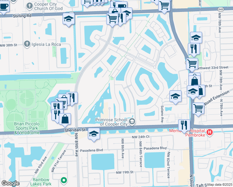 map of restaurants, bars, coffee shops, grocery stores, and more near 3217 Northwest 84th Way in Pembroke Pines