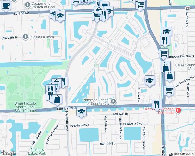 map of restaurants, bars, coffee shops, grocery stores, and more near 3217 Northwest 84th Way in Pembroke Pines