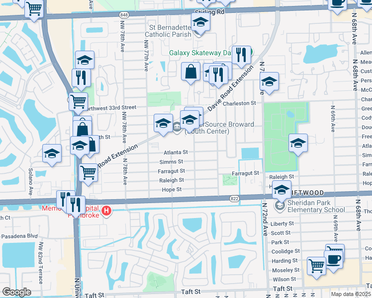 map of restaurants, bars, coffee shops, grocery stores, and more near 7531 Atlanta Street in Hollywood