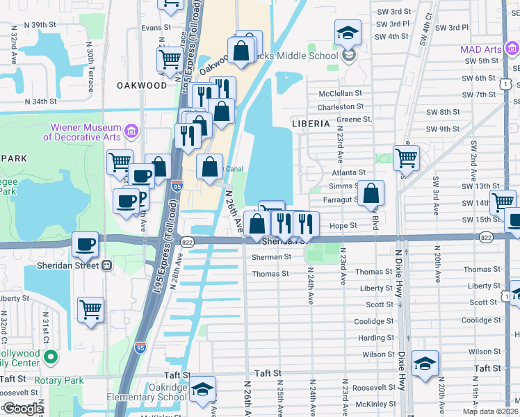 map of restaurants, bars, coffee shops, grocery stores, and more near 2517 Raleigh Street in Hollywood