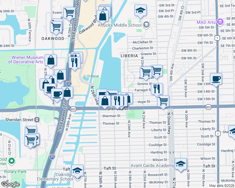 map of restaurants, bars, coffee shops, grocery stores, and more near 2435 Raleigh Street in Hollywood