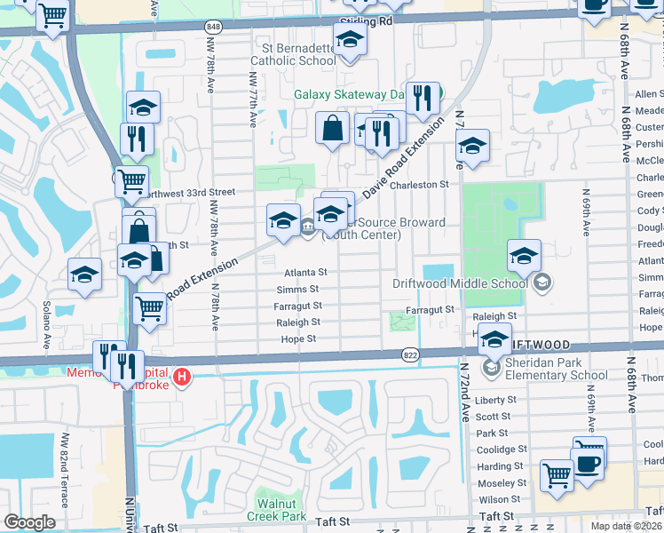 map of restaurants, bars, coffee shops, grocery stores, and more near 7531 Atlanta Street in Hollywood