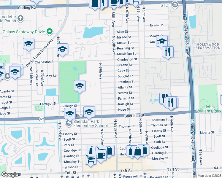 map of restaurants, bars, coffee shops, grocery stores, and more near 6820 Atlanta Street in Hollywood