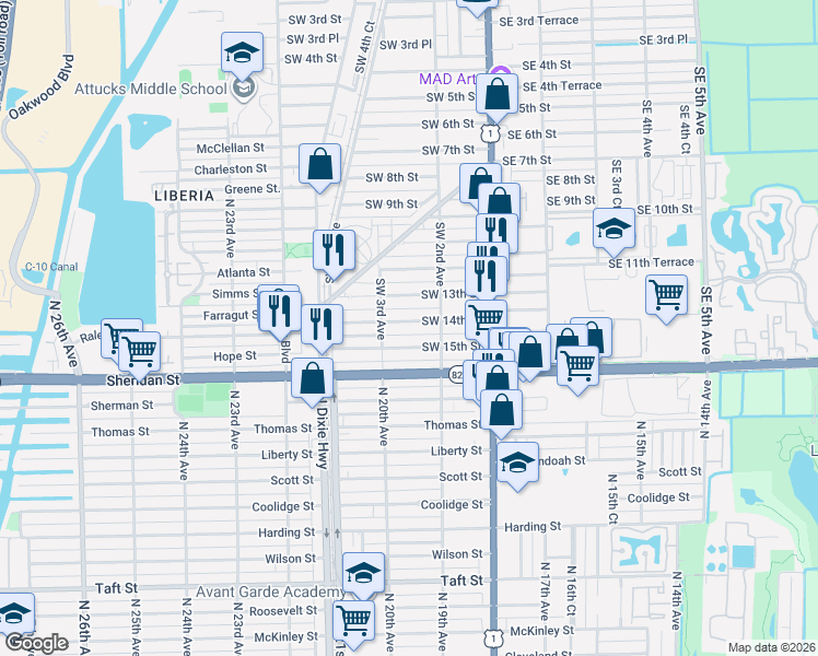 map of restaurants, bars, coffee shops, grocery stores, and more near 236 Southwest 14th Street in Dania Beach