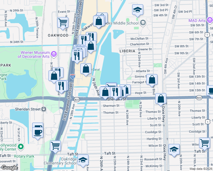map of restaurants, bars, coffee shops, grocery stores, and more near 2517 Raleigh Street in Hollywood