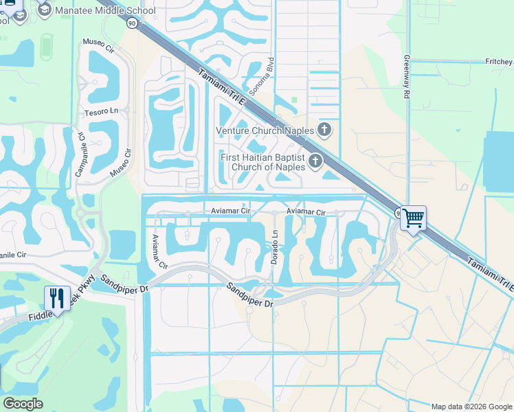 map of restaurants, bars, coffee shops, grocery stores, and more near 2942 Aviamar Circle in Naples