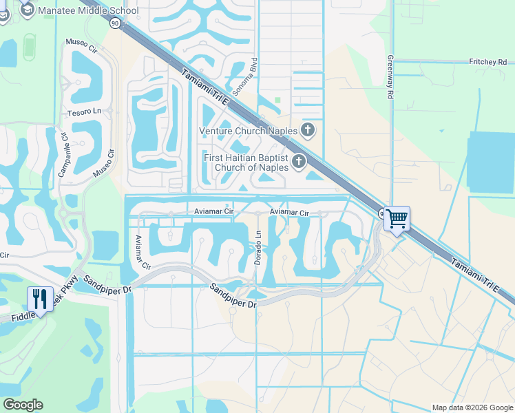 map of restaurants, bars, coffee shops, grocery stores, and more near 2898 Aviamar Circle in Naples
