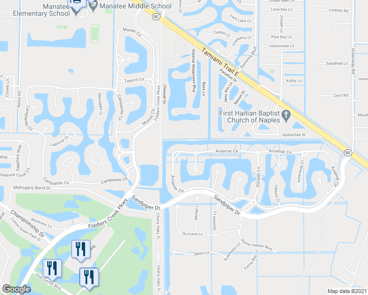 map of restaurants, bars, coffee shops, grocery stores, and more near 3062 Aviamar Circle in Naples