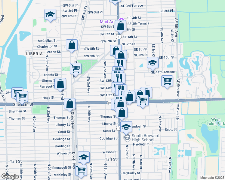 map of restaurants, bars, coffee shops, grocery stores, and more near 54 Southwest 14th Street in Dania Beach