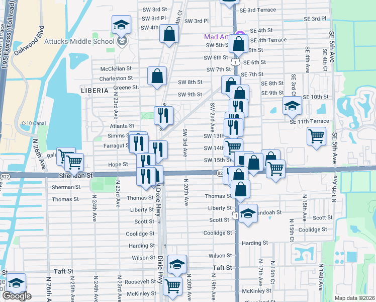 map of restaurants, bars, coffee shops, grocery stores, and more near 1380 Southwest 3rd Avenue in Dania Beach