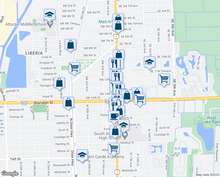 map of restaurants, bars, coffee shops, grocery stores, and more near 54 Southwest 14th Street in Dania Beach